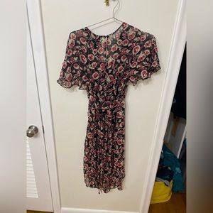 Anna Sui Black Floral Midi Dress with Pink Accents